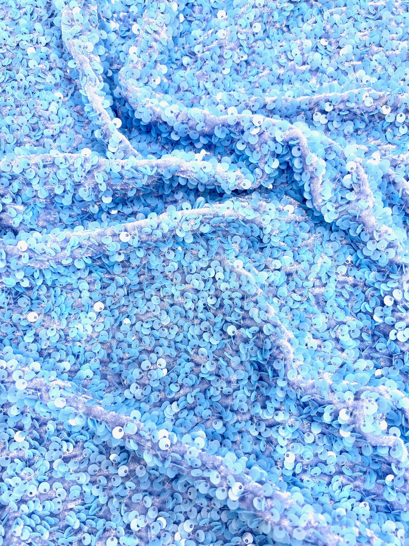 Stephanie LIGHT BLUE Sequins on BLUE Stretch Velvet Fabric by the Yard for Gowns, Apparel, Costumes, Crafts - 10185