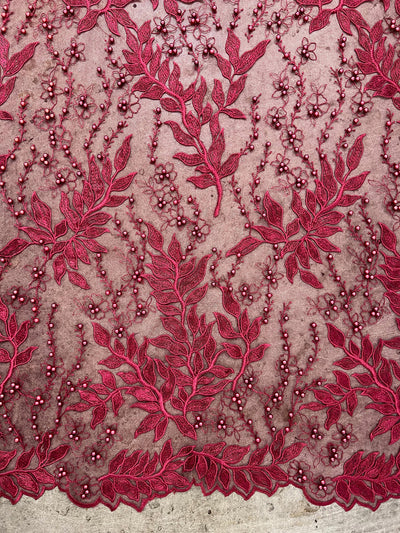 Veronica BURGUNDY Faux Pearls Beaded Flowers and Leaves Lace Embroidery on Mesh Fabric by the Yard - 10100