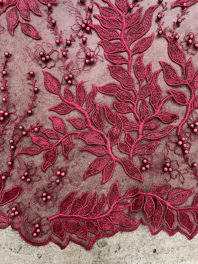 Veronica BURGUNDY Faux Pearls Beaded Flowers and Leaves Lace Embroidery on Mesh Fabric by the Yard - 10100