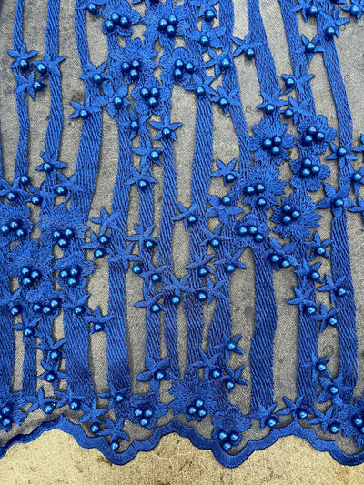 Kelsey ROYAL BLUE Floral Beaded Lace Embroidery on Mesh Fabric by the Yard - 10093
