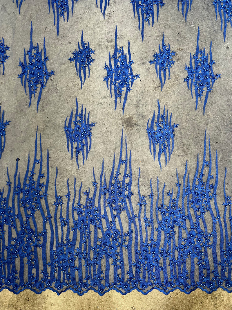 Kelsey ROYAL BLUE Floral Beaded Lace Embroidery on Mesh Fabric by the Yard - 10093