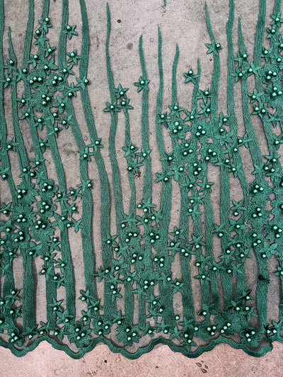 Kelsey HUNTER GREEN Floral Beaded Lace Embroidery on Mesh Fabric by the Yard - 10093