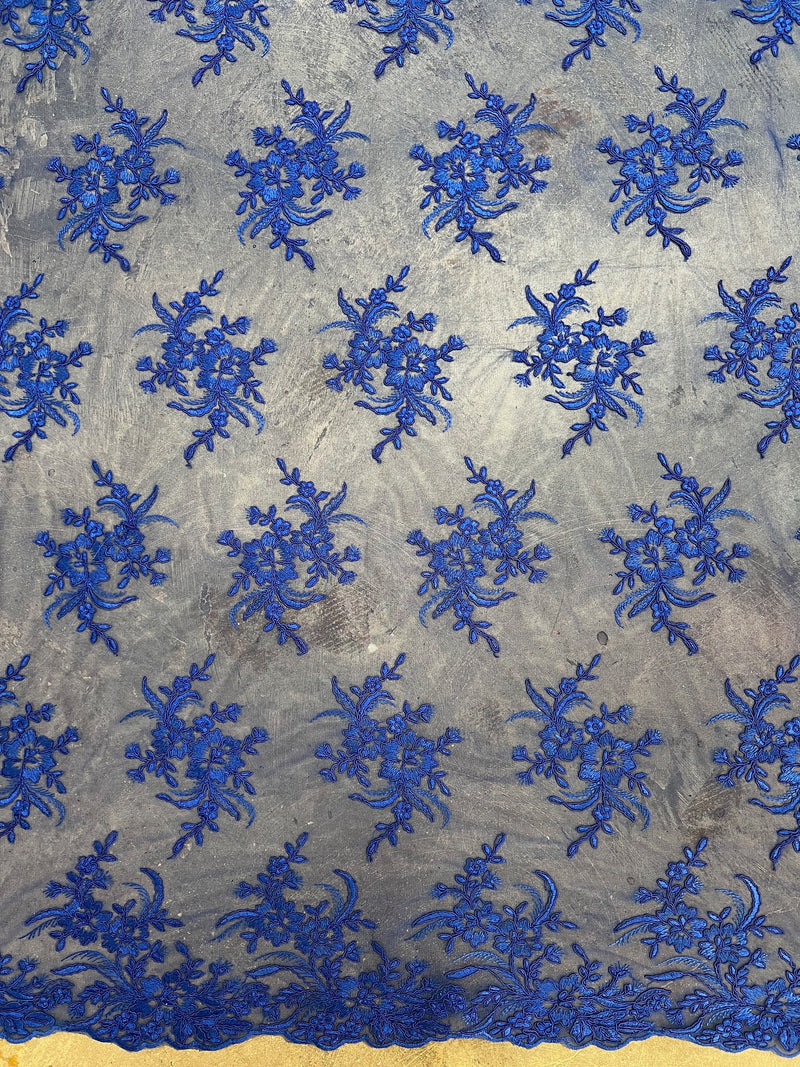 Callie ROYAL BLUE Polyester Floral Corsage Embroidery on Mesh Lace Fabric by the Yard - 10025