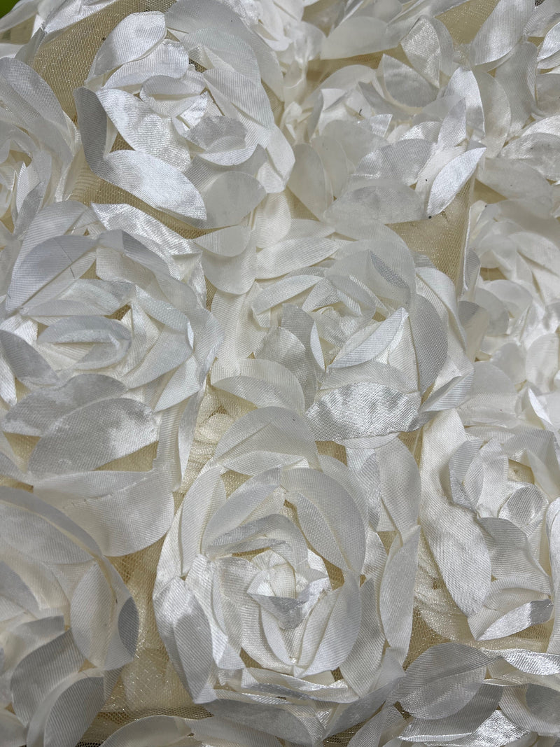 Maci IVORY 3D Floral Polyester Satin Rosette on Mesh Fabric by the Yard - 10057