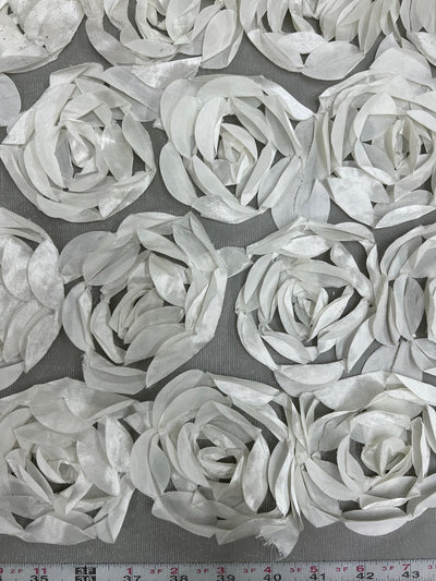 Maci IVORY 3D Floral Polyester Satin Rosette on Mesh Fabric by the Yard - 10057