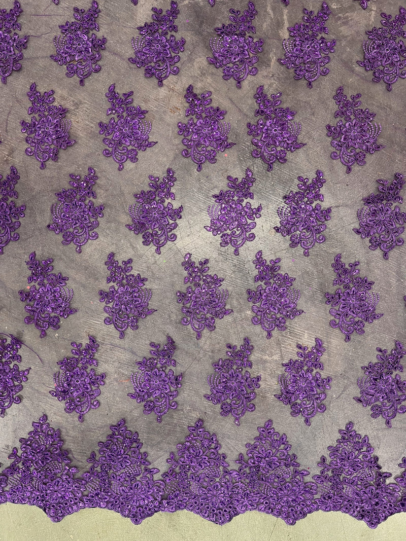 Brianna PURPLE Polyester Floral Embroidery with Sequins on Mesh Lace Fabric by the Yard - 10020