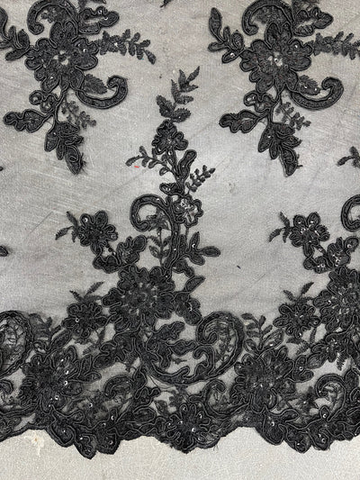 Tess BLACK Polyester Floral Embroidery with Sequins on Mesh Lace Fabric by the Yard - 10216