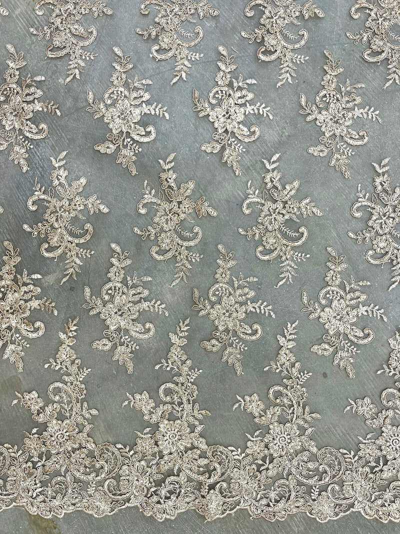Tess CHAMPAGNE Polyester Floral Embroidery with Sequins on Mesh Lace Fabric by the Yard - 10216