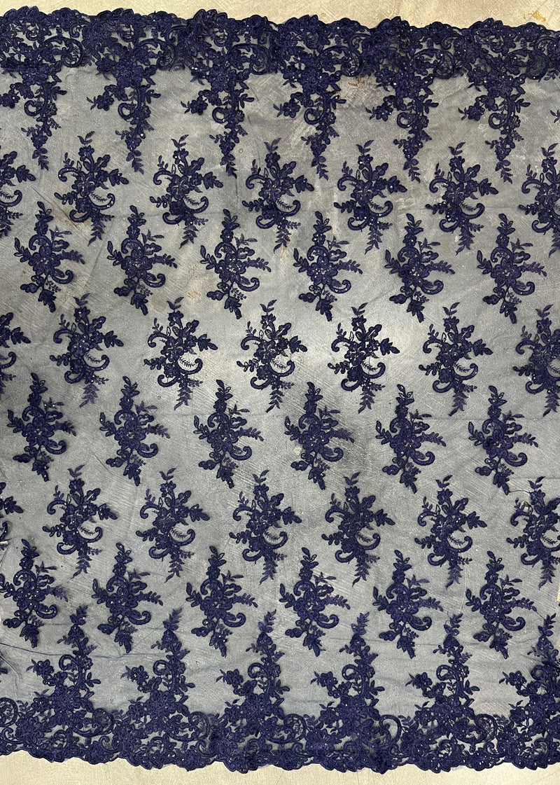 Tess NAVY BLUE Polyester Floral Embroidery with Sequins on Mesh Lace Fabric by the Yard - 10216