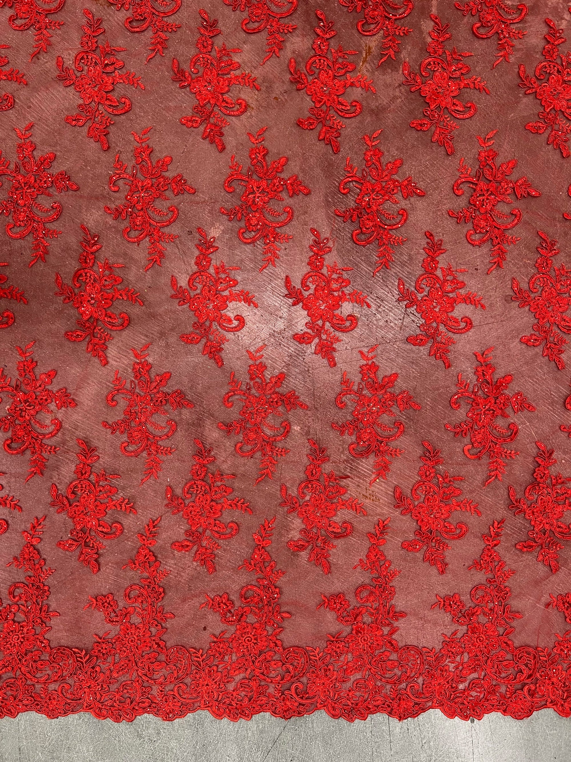 Tess RED Polyester Floral Embroidery with Sequins on Mesh Lace Fabric by the Yard - 10216