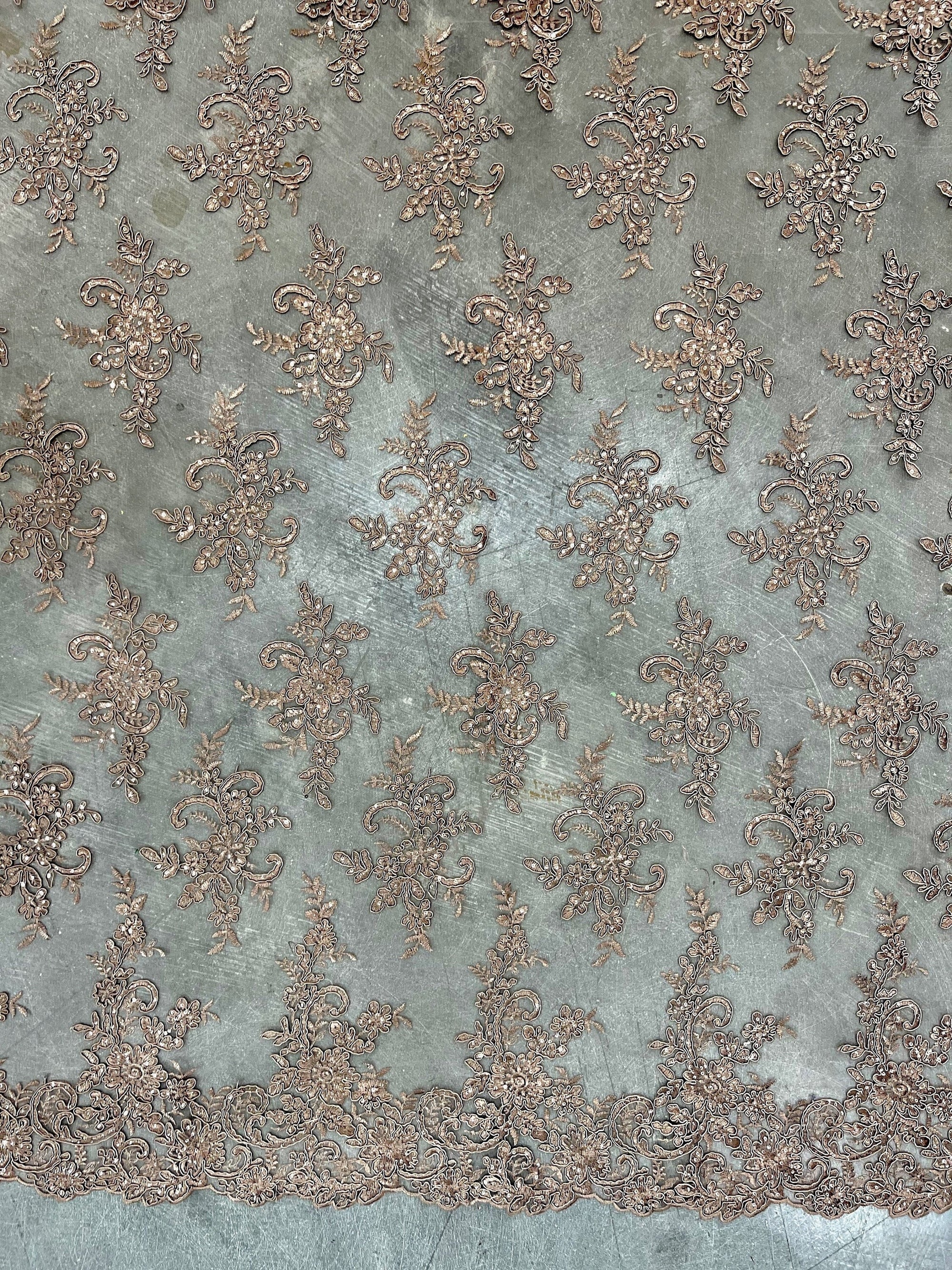 Tess TAUPE BROWN Polyester Floral Embroidery with Sequins on Mesh Lace Fabric by the Yard - 10216