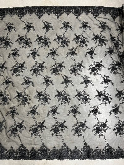 Andrea BLACK 3D Floral Matte Corded Embroidery on Mesh Lace Fabric by the Yard - 10016