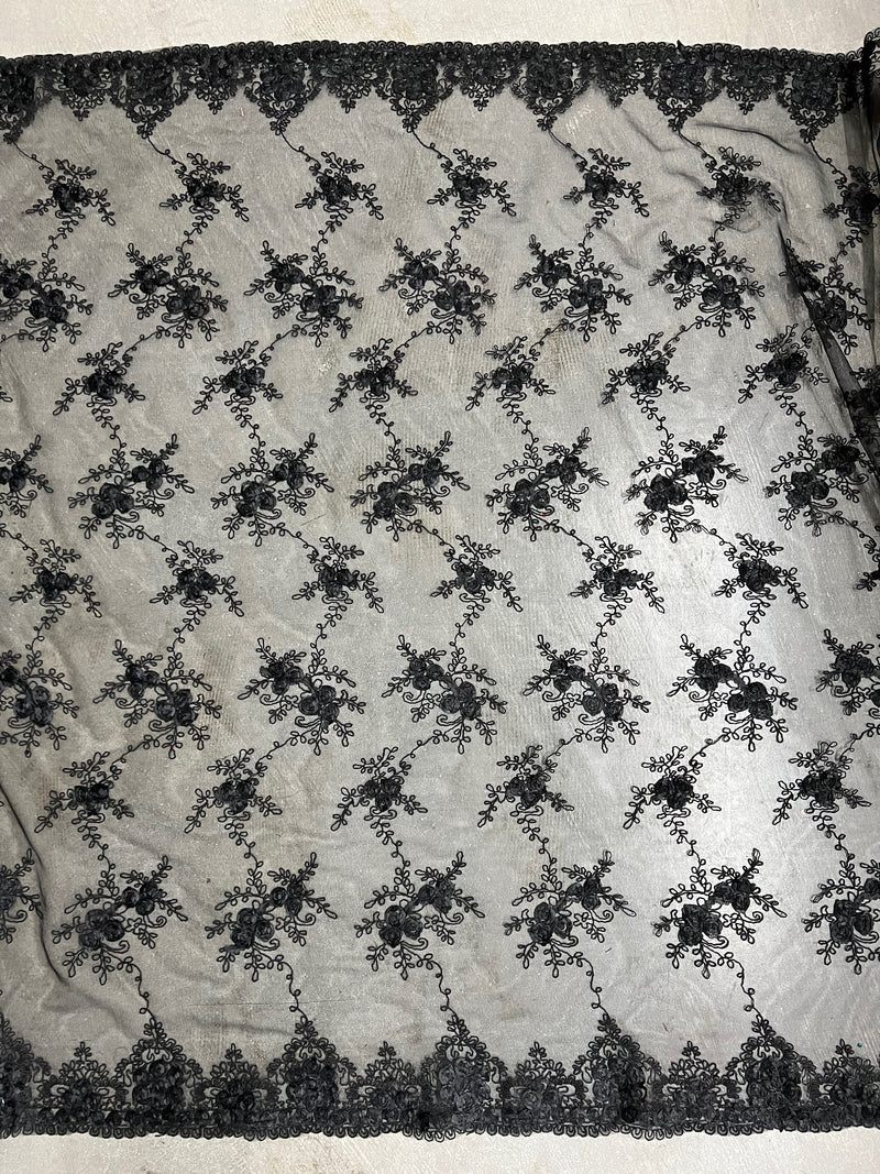 Andrea BLACK 3D Floral Matte Corded Embroidery on Mesh Lace Fabric by the Yard - 10016