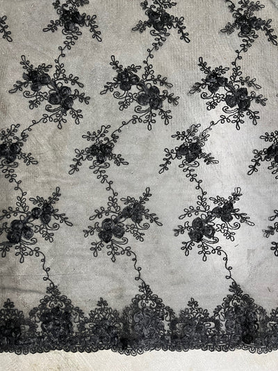 Andrea BLACK 3D Floral Matte Corded Embroidery on Mesh Lace Fabric by the Yard - 10016