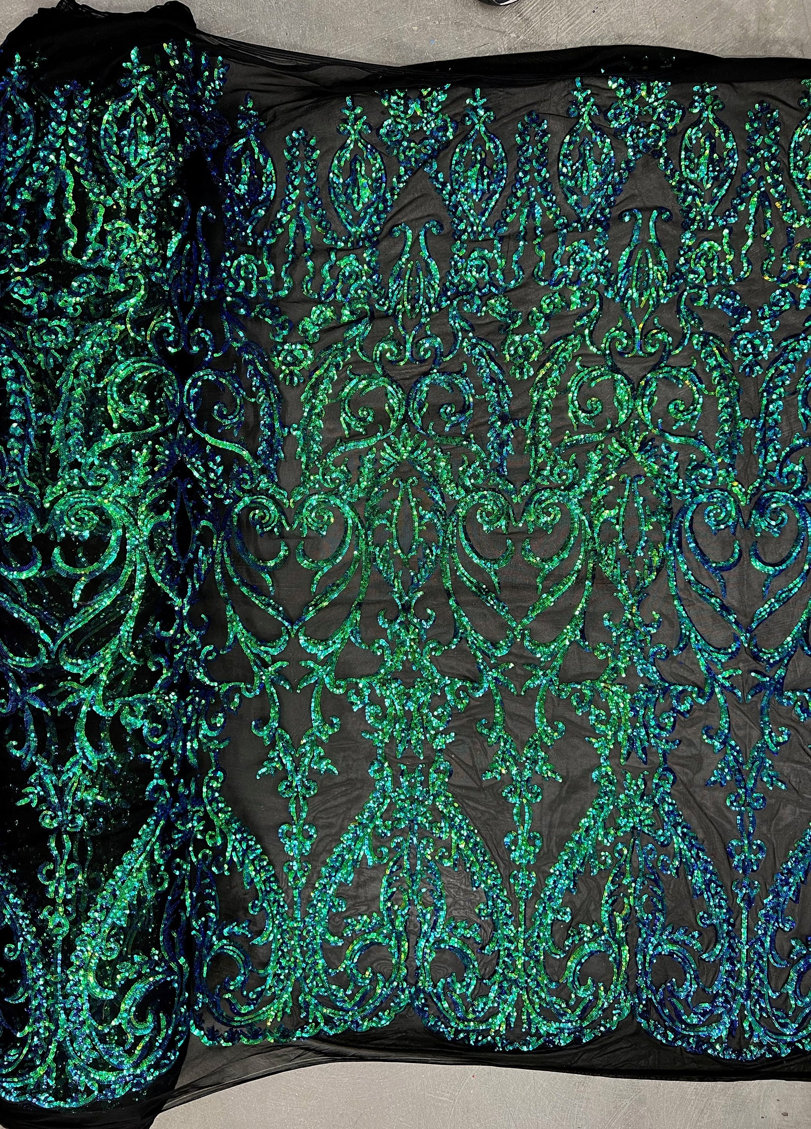 Esmeralda IRIDESCENT GREEN BLUE Mermaid Sequins on Mesh Lace Fabric by the Yard - 10102
