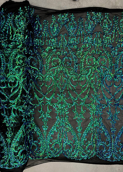 Esmeralda IRIDESCENT GREEN BLUE Mermaid Sequins on Mesh Lace Fabric by the Yard - 10102