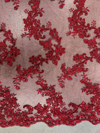 Cristina BURGUNDY Polyester Floral Embroidery with Sequins on Mesh Lace Fabric by the Yard for Gown, Wedding, Bridesmaid, Prom - 10076