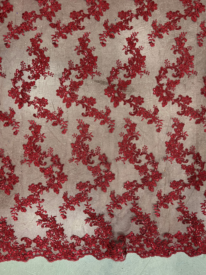 Cristina BURGUNDY Polyester Floral Embroidery with Sequins on Mesh Lace Fabric by the Yard for Gown, Wedding, Bridesmaid, Prom - 10076