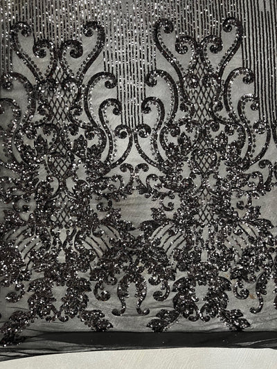 Angelica BLACK Curlicues and Leaves Sequins on Mesh Lace Fabric by the Yard - 10132