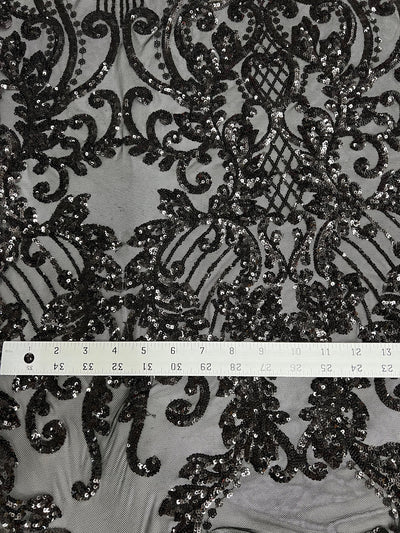 Angelica BLACK Curlicues and Leaves Sequins on Mesh Lace Fabric by the Yard - 10132