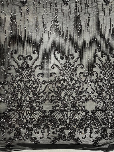 Angelica BLACK Curlicues and Leaves Sequins on Mesh Lace Fabric by the Yard - 10132