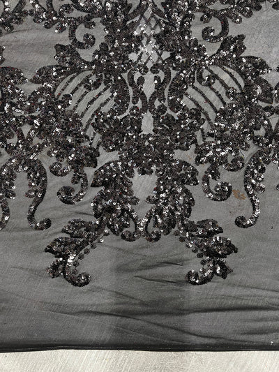 Angelica BLACK Curlicues and Leaves Sequins on Mesh Lace Fabric by the Yard - 10132