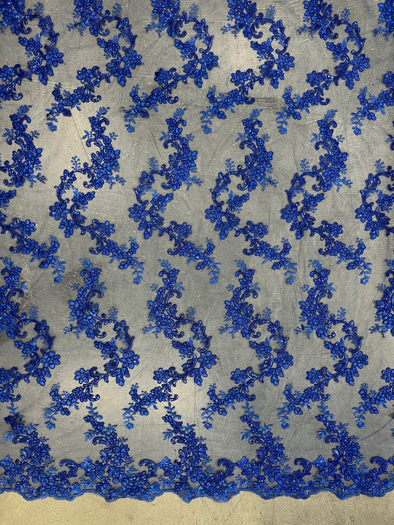 Cristina ROYAL BLUE Polyester Floral Embroidery with Sequins on Mesh Lace Fabric by the Yard for Gown, Wedding, Bridesmaid, Prom - 10076