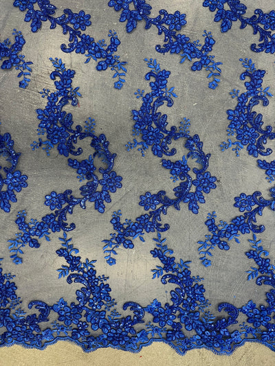 Cristina ROYAL BLUE Polyester Floral Embroidery with Sequins on Mesh Lace Fabric by the Yard for Gown, Wedding, Bridesmaid, Prom - 10076
