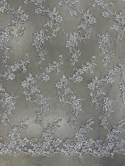 Cristina SILVER GREY Polyester Floral Embroidery with Sequins on Mesh Lace Fabric by the Yard for Gown, Wedding, Bridesmaid, Prom - 10076