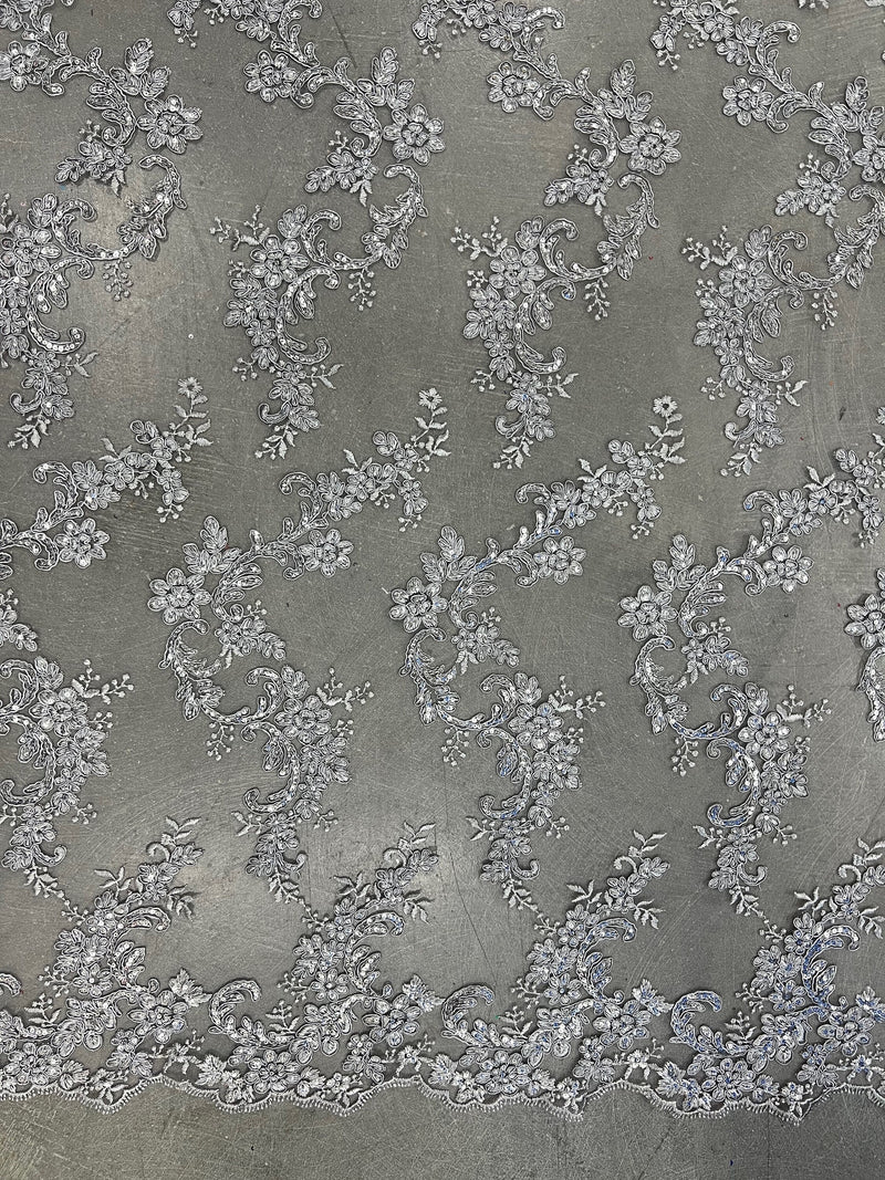 Cristina SILVER GREY Polyester Floral Embroidery with Sequins on Mesh Lace Fabric by the Yard for Gown, Wedding, Bridesmaid, Prom - 10076