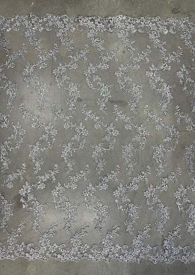Cristina SILVER GREY Polyester Floral Embroidery with Sequins on Mesh Lace Fabric by the Yard for Gown, Wedding, Bridesmaid, Prom - 10076