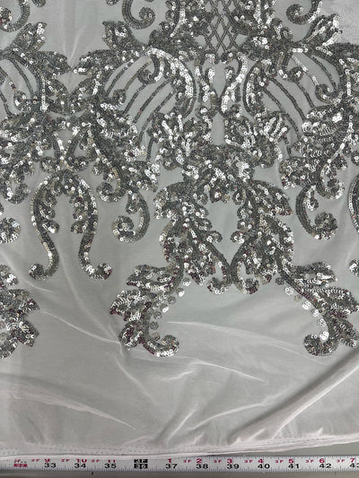 Angelica SILVER Curlicues and Leaves Sequins on Mesh Lace Fabric by the Yard - 10132