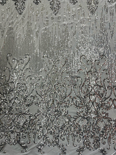 Angelica SILVER Curlicues and Leaves Sequins on Mesh Lace Fabric by the Yard - 10132
