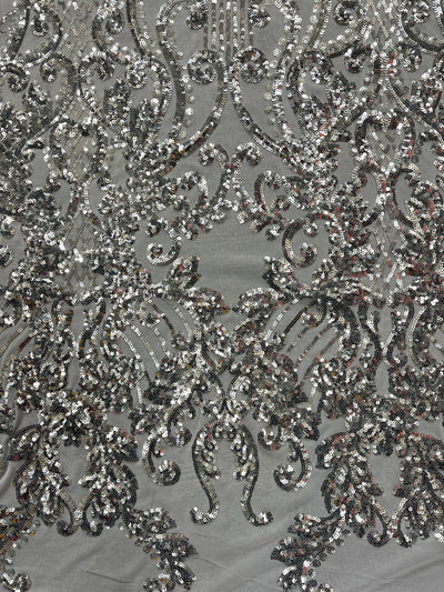 Angelica SILVER Curlicues and Leaves Sequins on Mesh Lace Fabric by the Yard - 10132