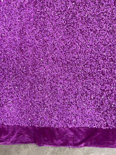 Stephanie ORCHID Overlap Sequins on MAGENTA Stretch Velvet Fabric by the Yard for Gowns, Apparel, Costumes, Crafts - 10185