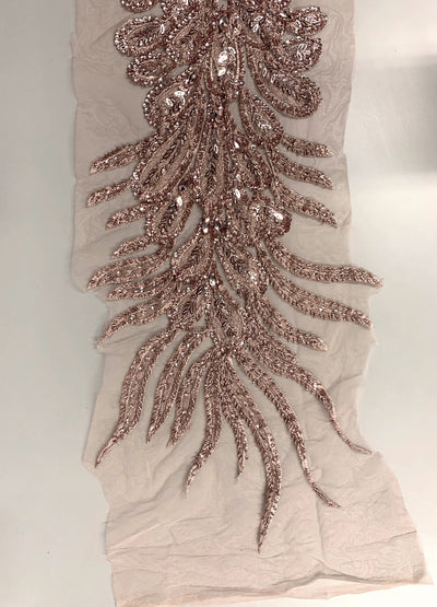 Gracie DUSTY ROSE Vegas Peacock Beaded Sequins Embroidered on Mesh Lace Fabric by Panel - 10012