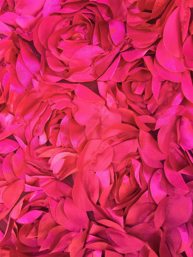 Maci FUCHSIA 3D Floral Polyester Satin Rosette on Mesh Fabric by the Yard - 10057