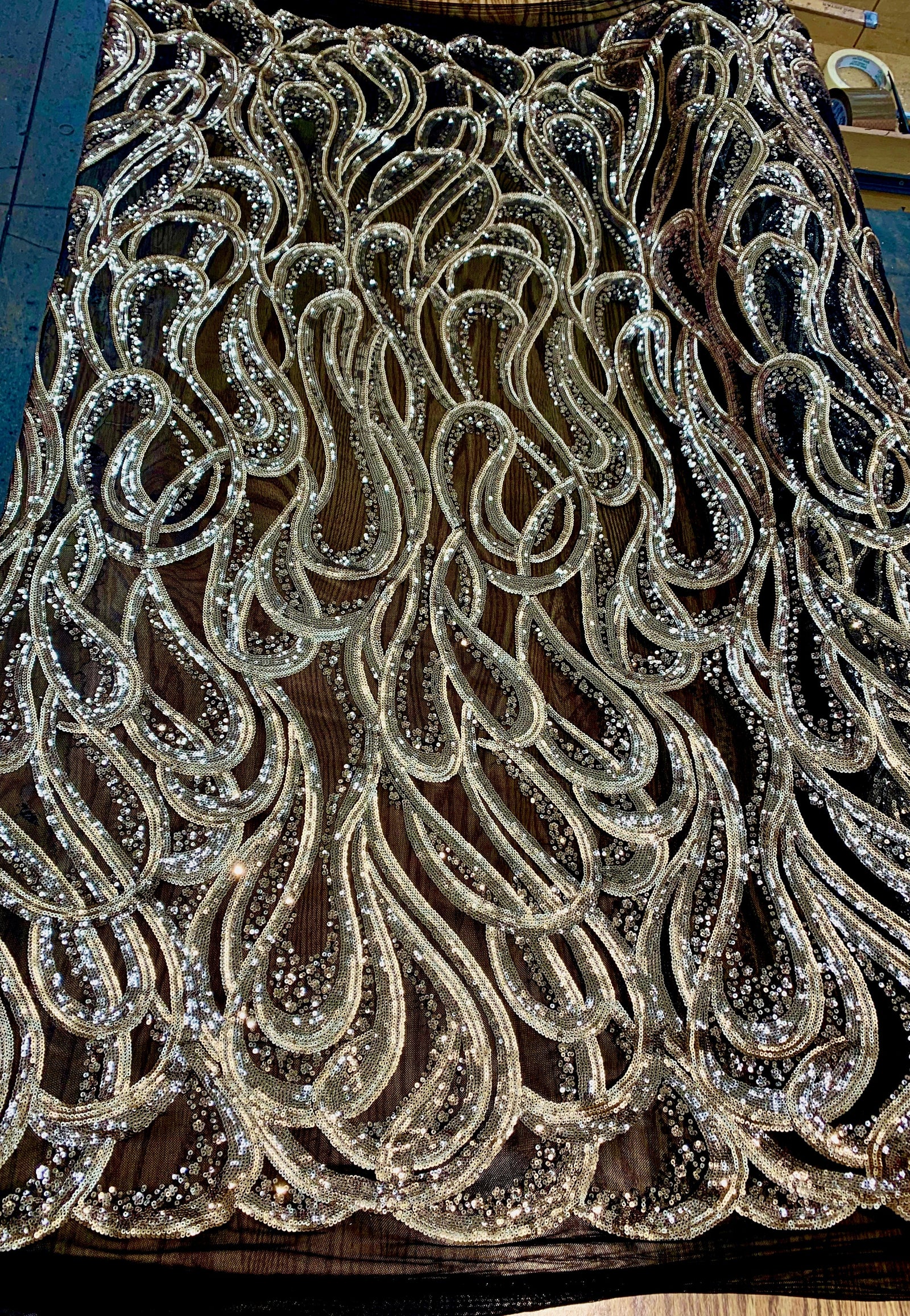 Lorelei GOLD Swirls Sequins on BLACK Mesh Lace Fabric by the Yard - 10133