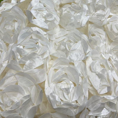 Maci IVORY 3D Floral Polyester Satin Rosette on Mesh Fabric by the Yard - 10057