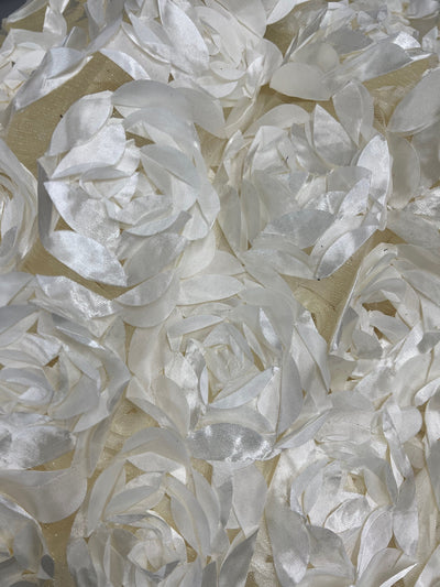 Maci IVORY 3D Floral Polyester Satin Rosette on Mesh Fabric by the Yard - 10057