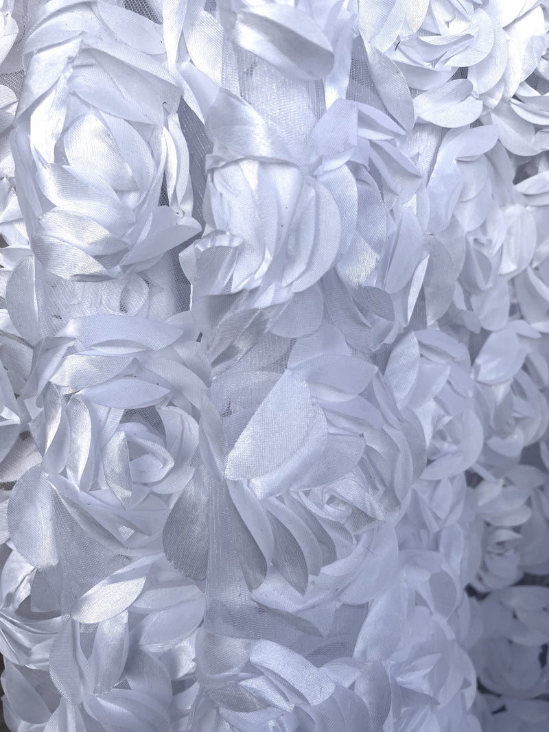 Maci WHITE 3D Floral Polyester Satin Rosette on Mesh Fabric by the Yard - 10057