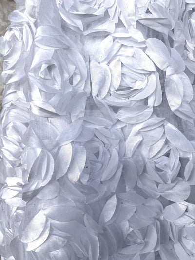 Maci WHITE 3D Floral Polyester Satin Rosette on Mesh Fabric by the Yard - 10057
