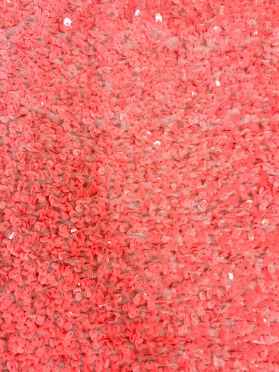 Stephanie CORAL Sequins on OLD ROSE Stretch Velvet Fabric by the Yard for Gowns, Dresses, Tops, Skirts, Costumes, Crafts - 10185