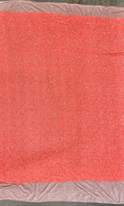Stephanie CORAL Sequins on OLD ROSE Stretch Velvet Fabric by the Yard for Gowns, Dresses, Tops, Skirts, Costumes, Crafts - 10185