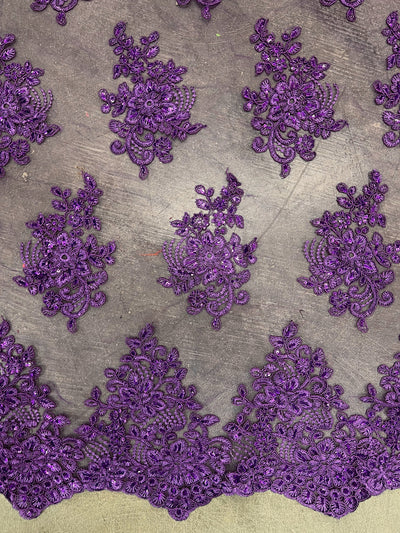 Brianna PURPLE Polyester Floral Embroidery with Sequins on Mesh Lace Fabric by the Yard - 10020