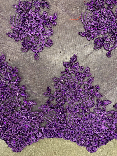 Brianna PURPLE Polyester Floral Embroidery with Sequins on Mesh Lace Fabric by the Yard - 10020