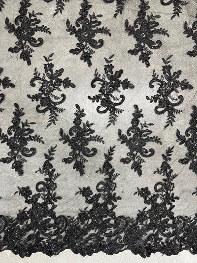 Tess BLACK Polyester Floral Embroidery with Sequins on Mesh Lace Fabric by the Yard - 10216