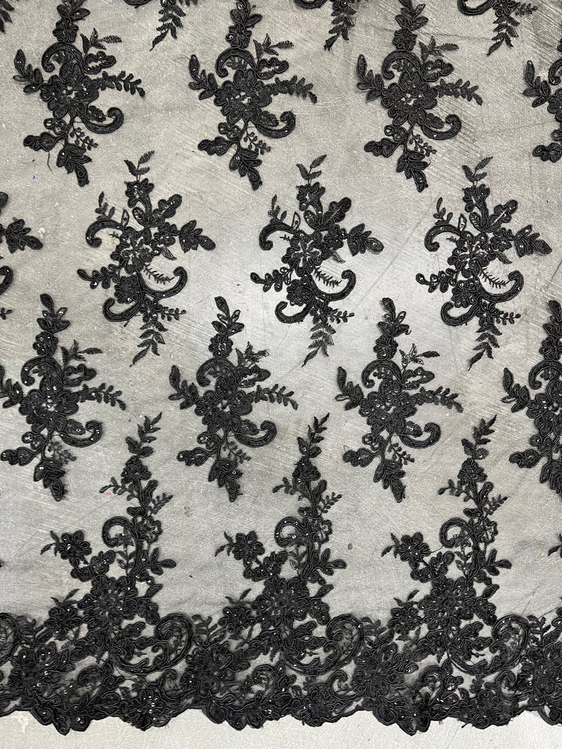 Tess BLACK Polyester Floral Embroidery with Sequins on Mesh Lace Fabric by the Yard - 10216