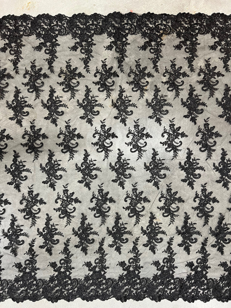 Tess BLACK Polyester Floral Embroidery with Sequins on Mesh Lace Fabric by the Yard - 10216