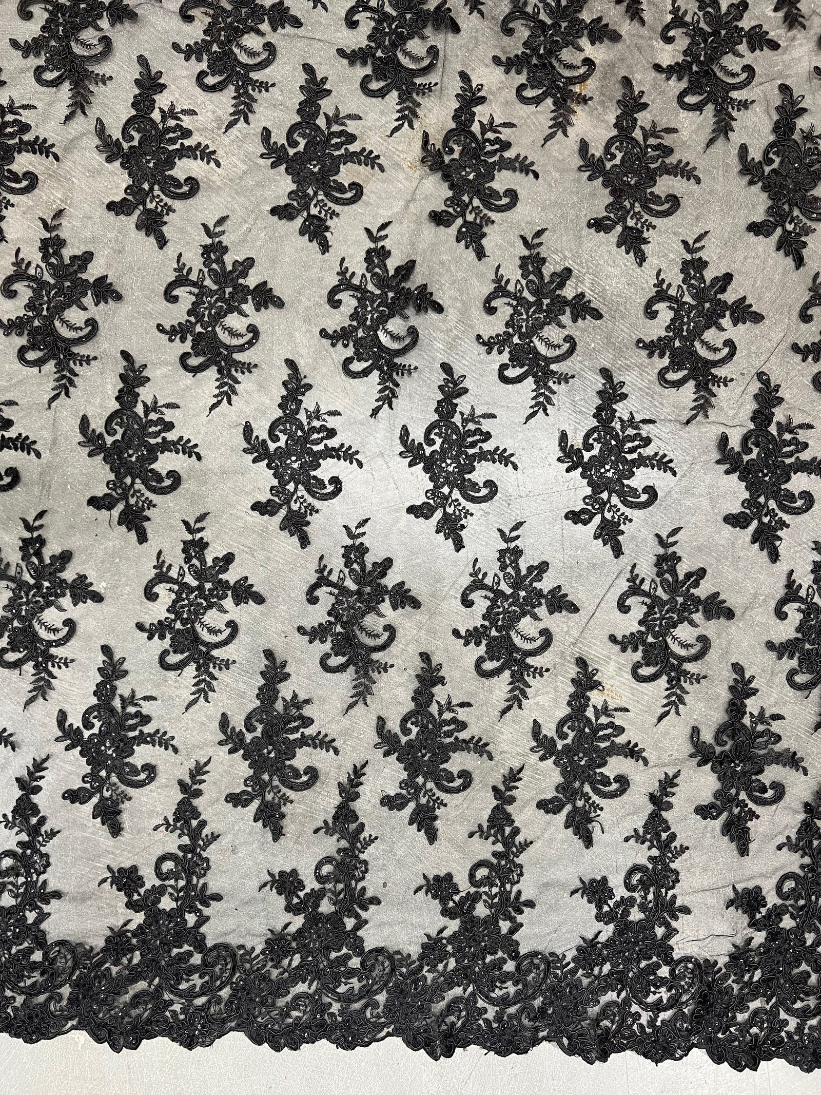 Tess BLACK Polyester Floral Embroidery with Sequins on Mesh Lace Fabric by the Yard - 10216